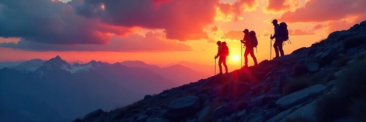 Obraz premium Silhouetted Hikers Conquering Majestic Mountain at Sunset An Epic Journey of Adventure and Achievement