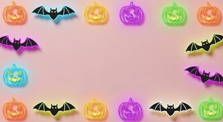 A festive Halloween frame made of colorful glowing pumpkins and black bats arranged on a light pink background with central copy space.
