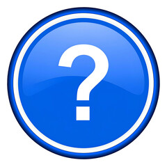 A glossy blue button with a white question mark, illuminated against a black background