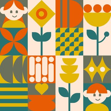 Mid Century Modern Geometric Seamless Pattern with Retro Flowers and Cute Boy and Girl Faces