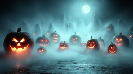 Ghostly glare: bewitched pumpkins with mysterious eyes. Experimental photography. Menacing glow: subtly varied spectral pumpkins in a mysterious setting. Colorful surrealism.
