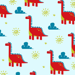 dinosaur brontosaurus red cute cartoon vector seamless pattern design for fullprint fabric kids apparel © Rizki