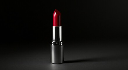 Elegant red lipstick tube standing against a dark background, casting a soft shadow.