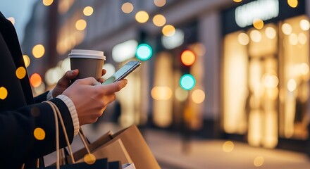 Person using smartphone while holding coffee and shopping bags on city street