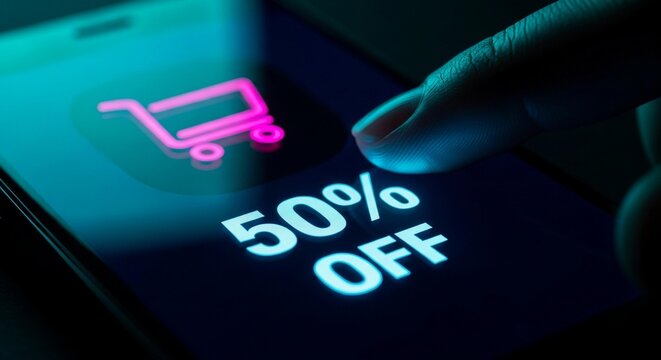 Finger Tapping on Smartphone Screen with 50 Off and Shopping Cart Icons in Neon Blue and Pink.