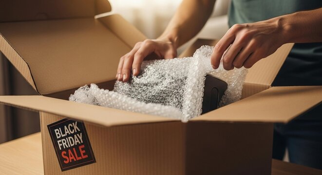 Person carefully unpacking a Black Friday sale purchase from a cardboard box, revealing bubble-wrapped items.