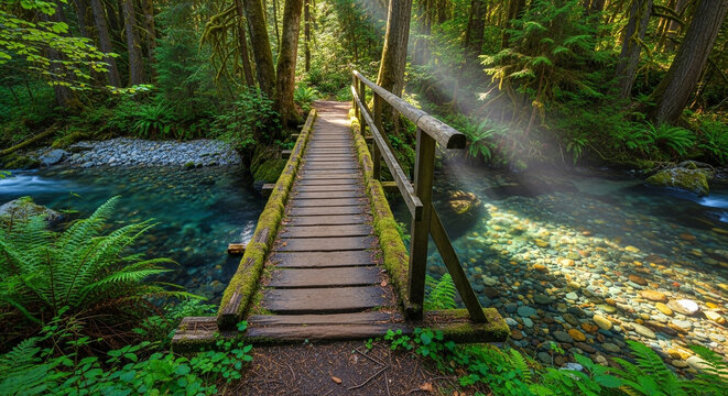 Sunlight streams through the lush forest, illuminating a rustic wooden bridge spanning a crystalclear stream, inviting exploration and tranquility - Powered by Adobe
