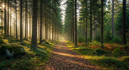 Obraz premium Sunlight filters through the tall trees in the forest, creating a serene and peaceful atmosphere as it illuminates the path ahead, inviting exploration