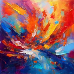 Obraz premium Here's a description and keywords:Vibrant abstract painting, showcasing a burst of colors like a sunset. Brushstrokes create movement and energy, with warm hues dominating, suggesting joy. A stunnin
