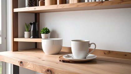 Wooden kitchen shelves with coffee