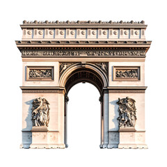 Iconic Parisian triumphal arch with sculptures, detailed facade, and a central opening