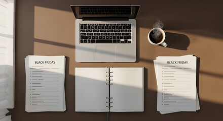 Black Friday planning with laptop, coffee, and checklist on desk