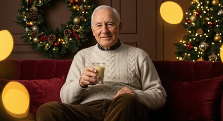 Senior man celebrating Christmas with a drink, seated on a red couch with festive decor.