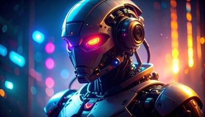 Pensive Android Sentinel with Luminous Eyes in a Neon Cyberpunk City