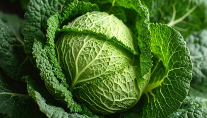 Obraz premium Textured Heart of a Fresh Savoy Cabbage Glistening with Water Droplets