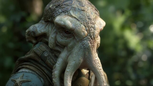 Video animation. Photo-realistic portrait of an alien eldritch hybrid squid with lifelike textures, cinematic lighting, and surreal realism, blending marine and extraterrestrial design