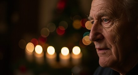Senior man in thoughtful gaze, bokeh background, portrait, serene ambiance, age and contemplation