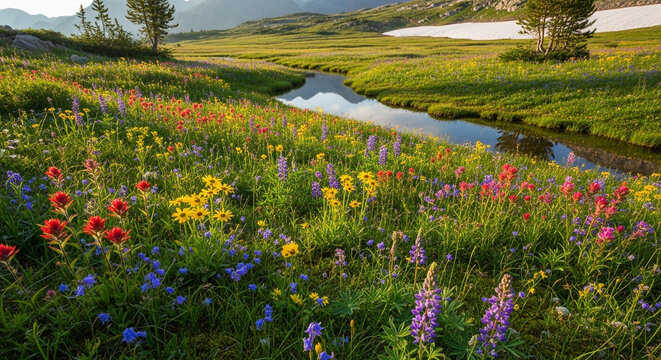 Idyllic mountain meadow with colorful wildflowers, a clear stream, and snowcapped peaks in the background, creating a serene and picturesque alpine scene