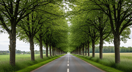 Obraz premium A long, straight road stretches into the distance, flanked by towering green trees forming a natural tunnel, with fields on either side under a cloudy sky