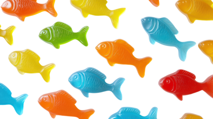 Colorful gummy fish candies scattered on a black background isolated on transparent background