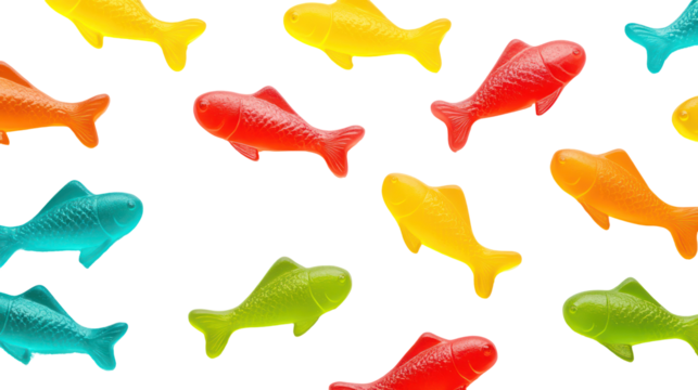Colorful gummy fish candies scattered isolated on transparent background