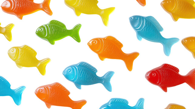 Colorful gummy fish candies scattered on a black background isolated on transparent background