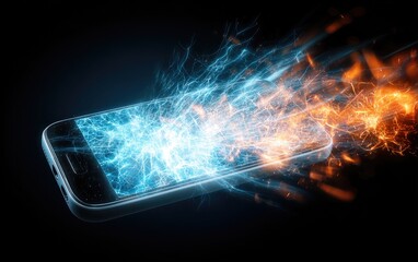 A smartphone is engulfed in vibrant blue and orange energy explosions