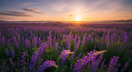 Fototapeta premium Vibrant lupine field at sunrise, bathed in golden light, creating a stunning floral landscape with a serene and peaceful atmosphere