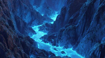Ethereal Blue River Flows Through Mystical Canyon Under Luminescent Sky.