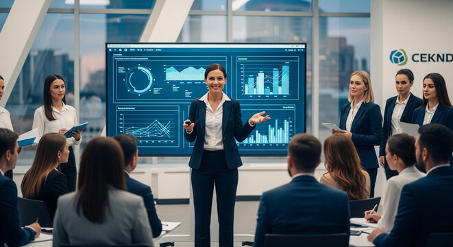 Happy office worker and project manager celebrate in meeting room after successfully achieving business task on time and on schedule. Project management tracking software for business success. Prudent