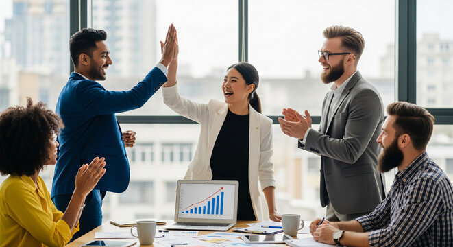 Happy office worker and project manager celebrate in meeting room after successfully achieving business task on time and on schedule. Project management tracking software for business success. Prudent