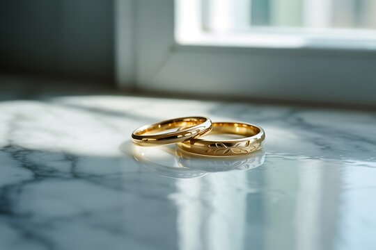 Elegant gold wedding rings shine in soft light, symbolizing love and commitment, perfect for invitations, anniversary cards, or romantic celebrations