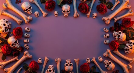A macabre oval frame made of skulls, bones, and red roses on a purple background with copy space.
