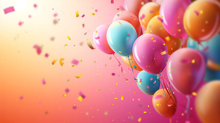 Impressive Colorful holiday background with balloons and confetti. Shallow Doff