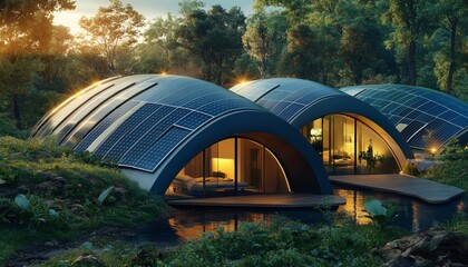 Two modern, curved houses with solar panels on their roofs are situated by a calm body of water, surrounded by dense trees and greenery.