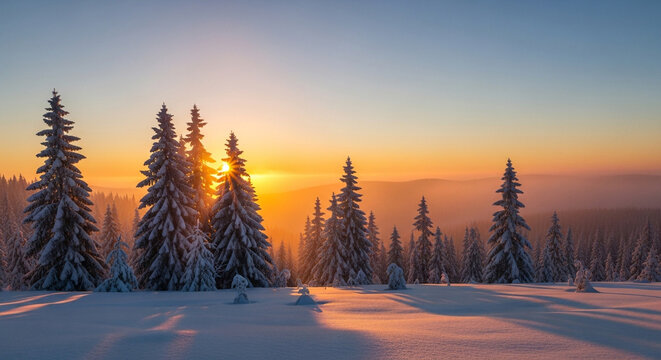 A winter wonderland landscape with snowcovered fir trees silhouetted against a vibrant sunset sky, creating a picturesque and serene scene in nature - Powered by Adobe