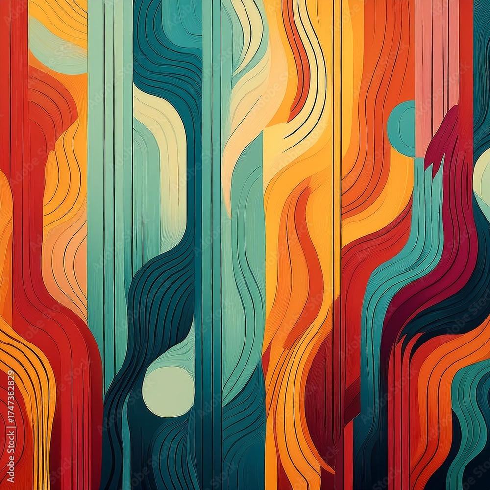 Wall mural abstract art featuring vertical strips in warm and cool tones. wavy lines intersect, creating a dyna