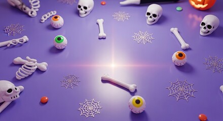 A festive Halloween flat lay with skulls, bones, and eyeballs on a purple background.