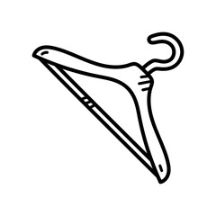 Simple black outline drawing of a clothes hanger with a curved hook against a transparent background perfect for design projects