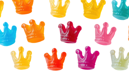 Flat lay of miniature gummy candy crowns and tiaras in bright colors isolated