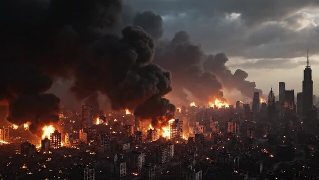 Drone cinematic timelapse of black smoke rising from burning ruins in devastated city.