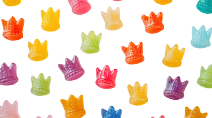 Flat lay of miniature gummy candy crowns and tiaras in bright colors isolated