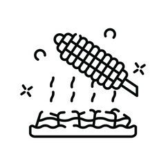 Simple Black Line Icon Of Corn On The Cob Being Grilled Over Coals With Steam Rising And Sparkle Details On A Transparent Background