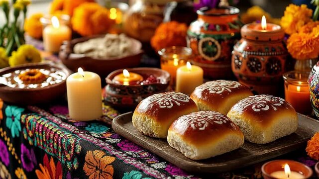 Day Of The Dead, Colorful table setting featuring delicious bread, candles, and flowers for vibrant celebration