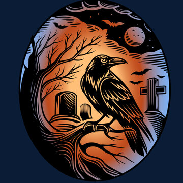 Black raven perched on a tree in a graveyard.