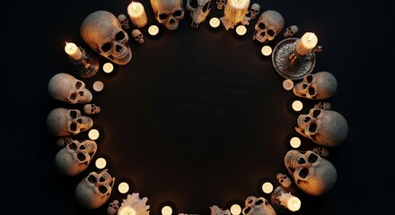 A ritualistic circle of human skulls and glowing candles on a dark background, viewed from above with copy space.