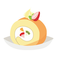 Delicious original Roll Cake with Cream and Strawberry Decoration Vector