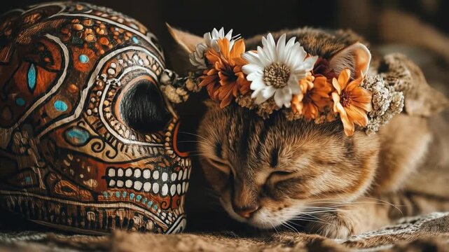 Day Of The Dead, Serene Cat with Floral Crown Beside Decorative Skull Creates Unique Artistic Scene