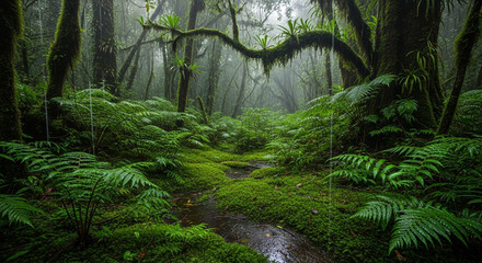 Obraz premium Lush green ferns and moss cover the forest floor, creating a mystical and enchanting atmosphere in the dense, verdant woodland