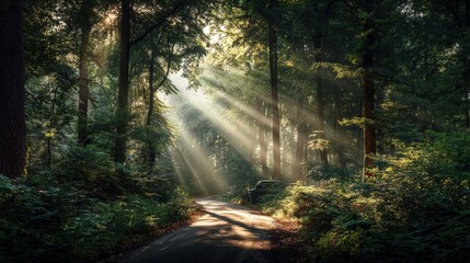 Obraz premium Sunbeams Streaming Through a Dense Forest Canopy Illuminating a Path in a Serene Woodland Environment